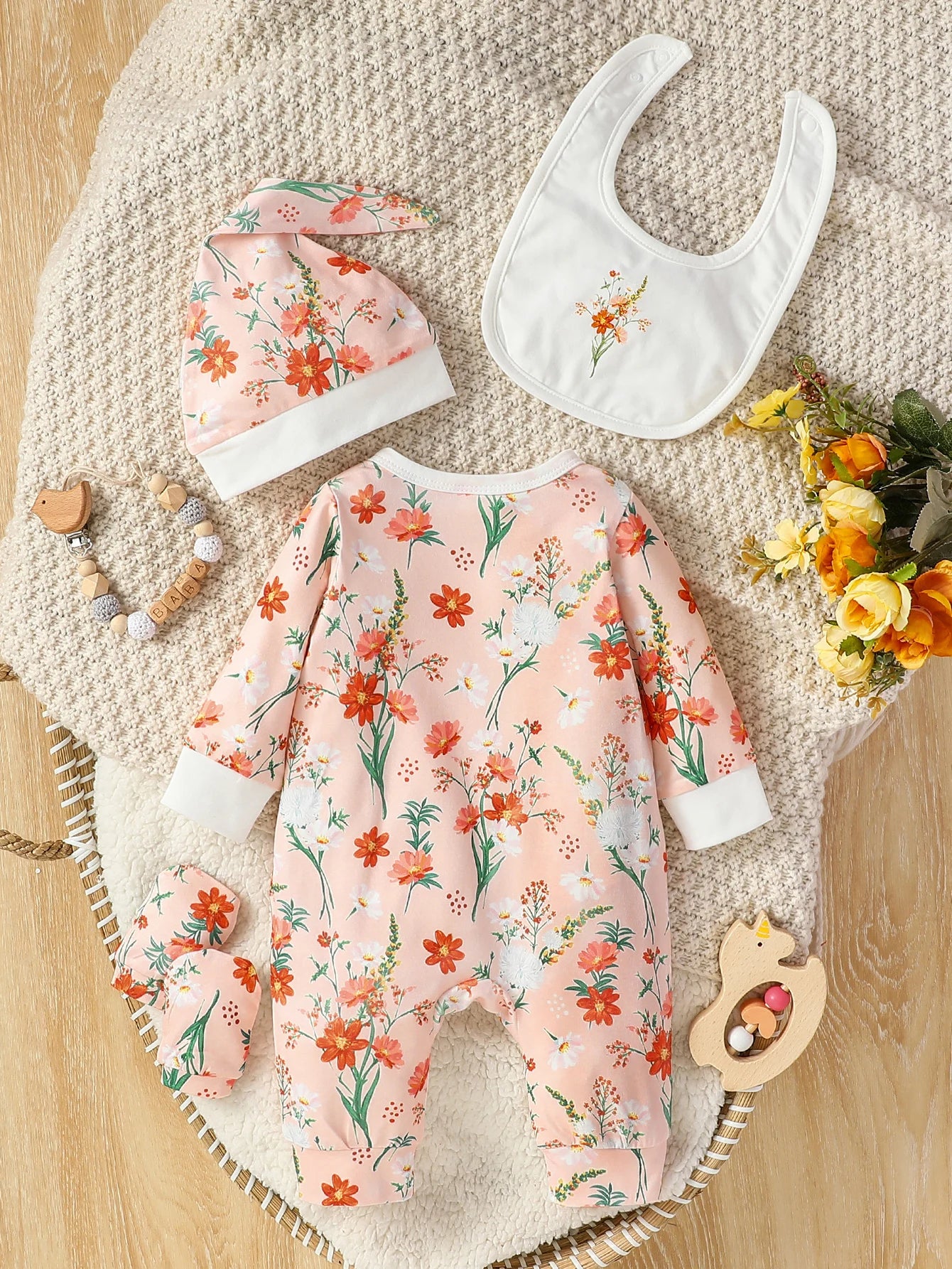 Baby Girls Long Sleeve Jumpsuit+Bib+Gloves+Hat