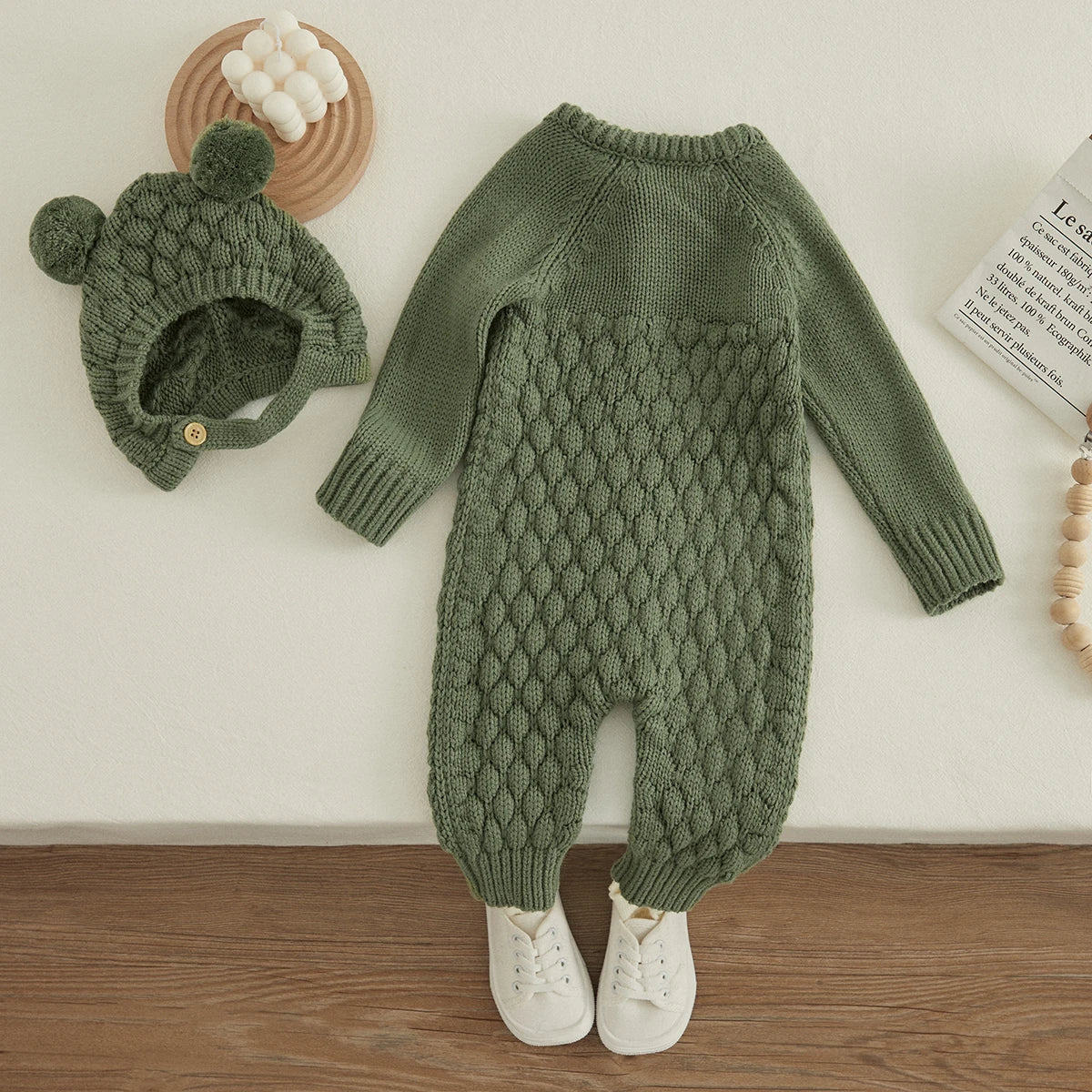 Baby Winter Knitted Romper + Bear Hat 2pcs Set