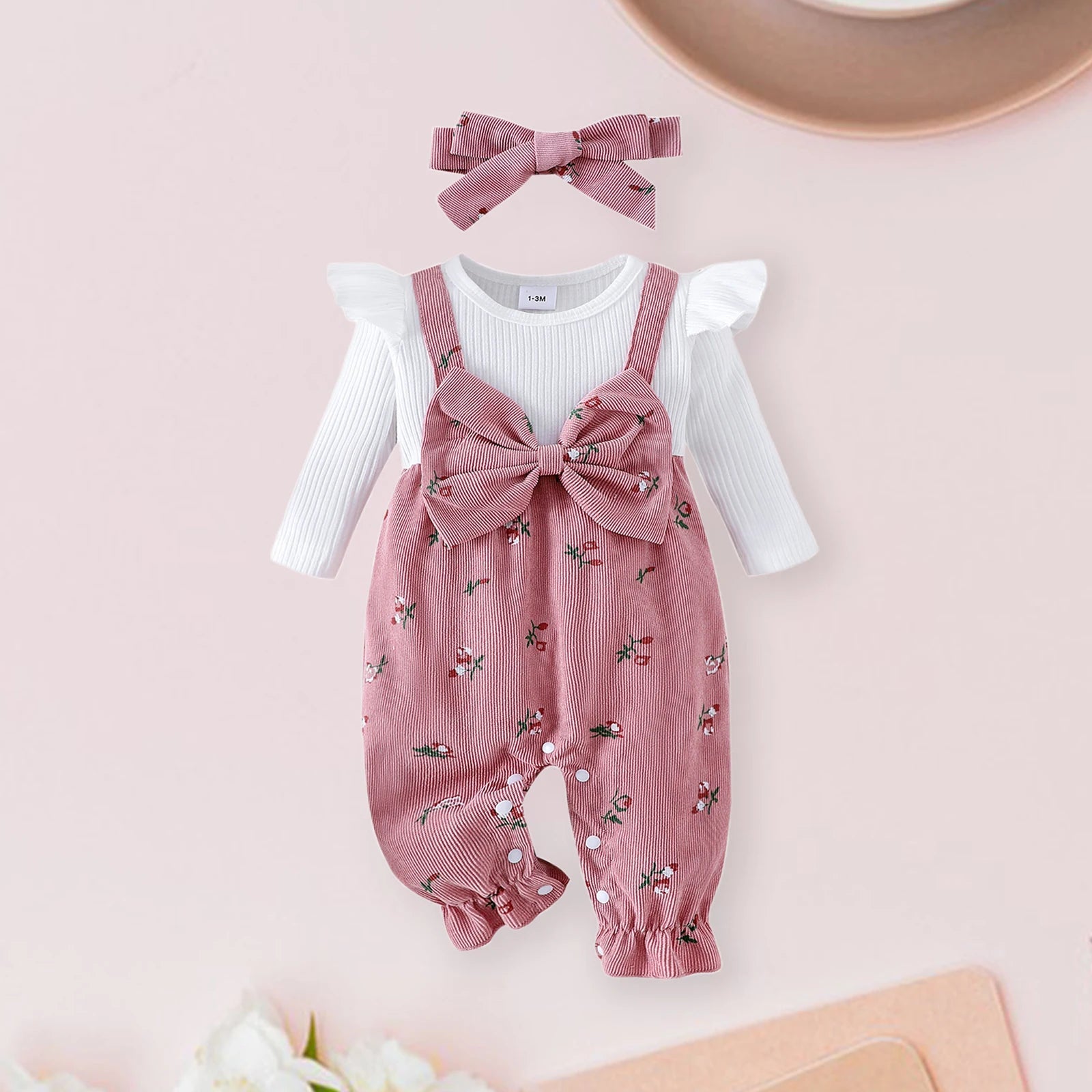 Baby Girls Floral Print Long Sleeve Romper & Headband