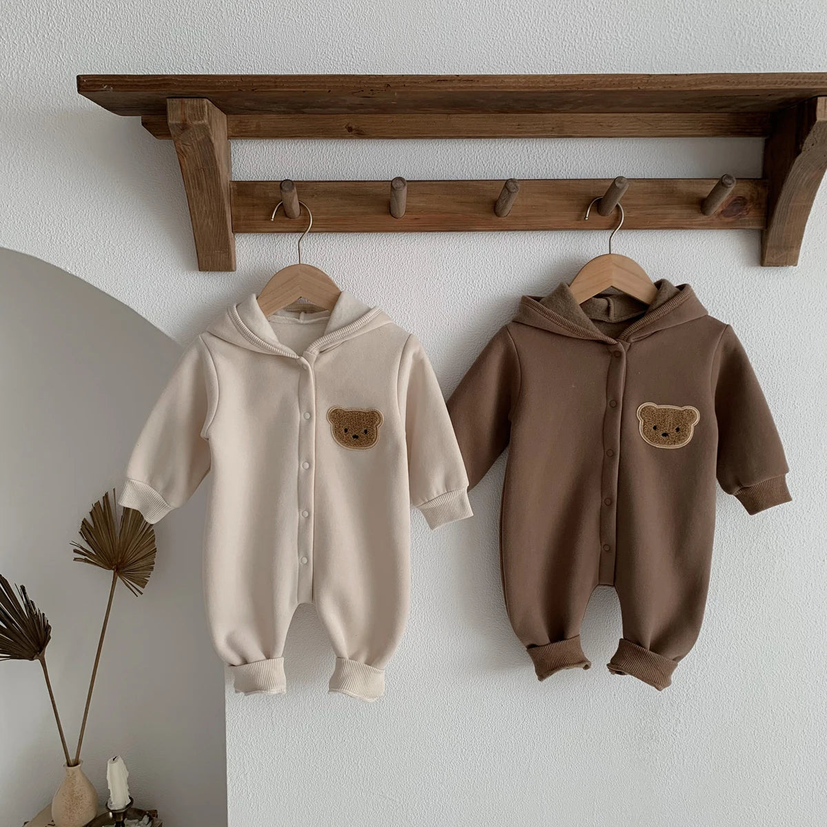 Hooded Baby Jumpsuit with Bear Patch