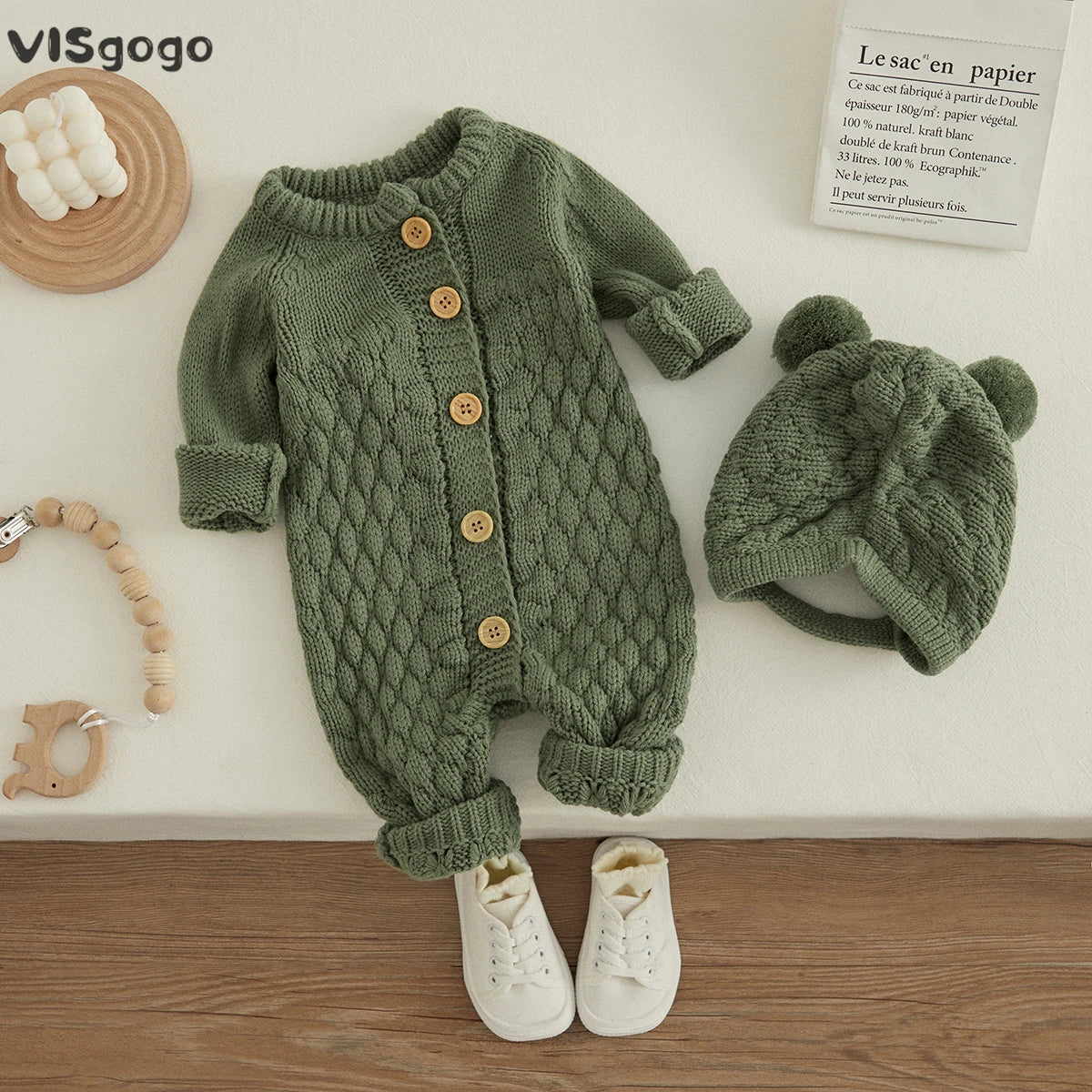 Baby Winter Knitted Romper + Bear Hat 2pcs Set