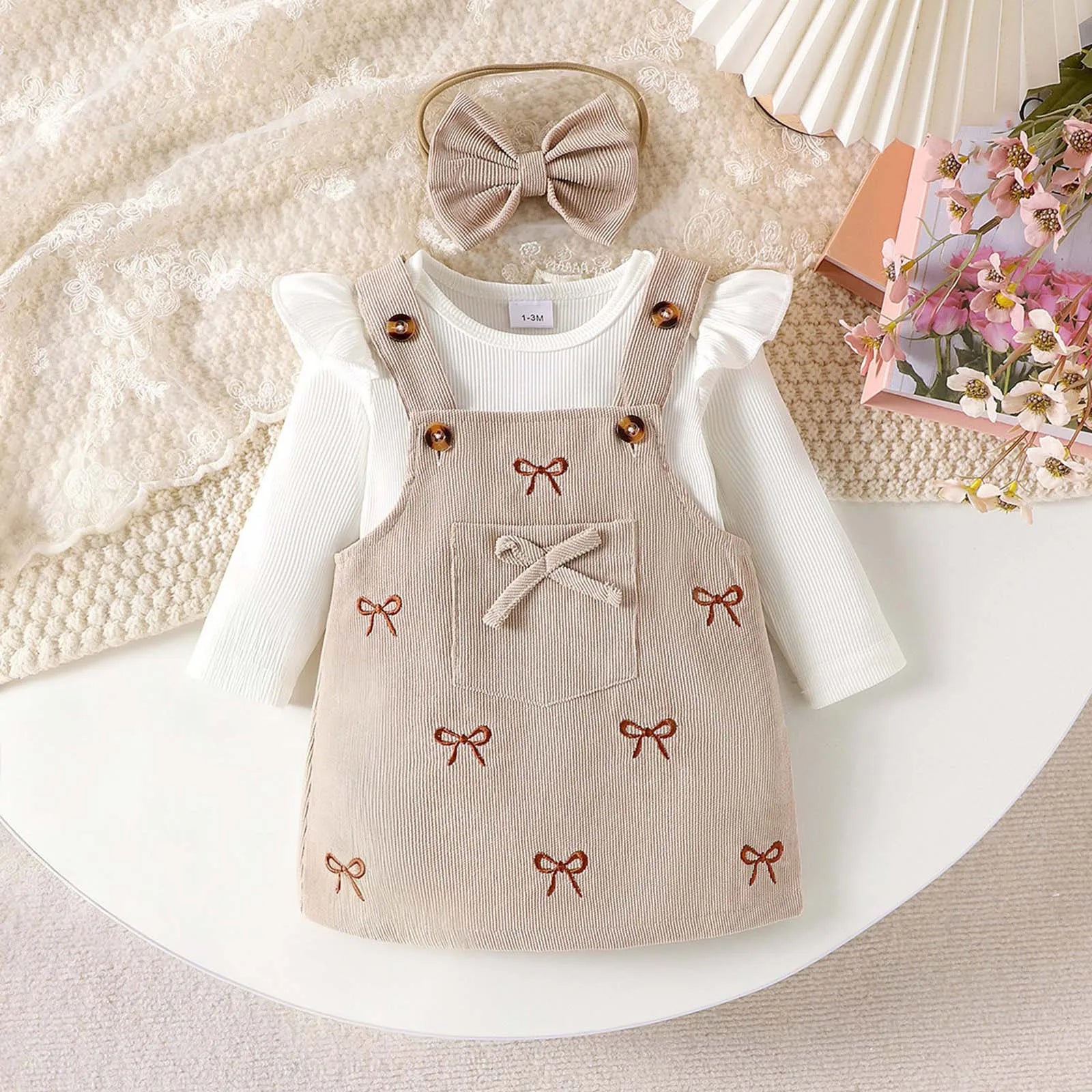 Baby Girl Long Sleeve Top + Bow + Overall Dresses Set