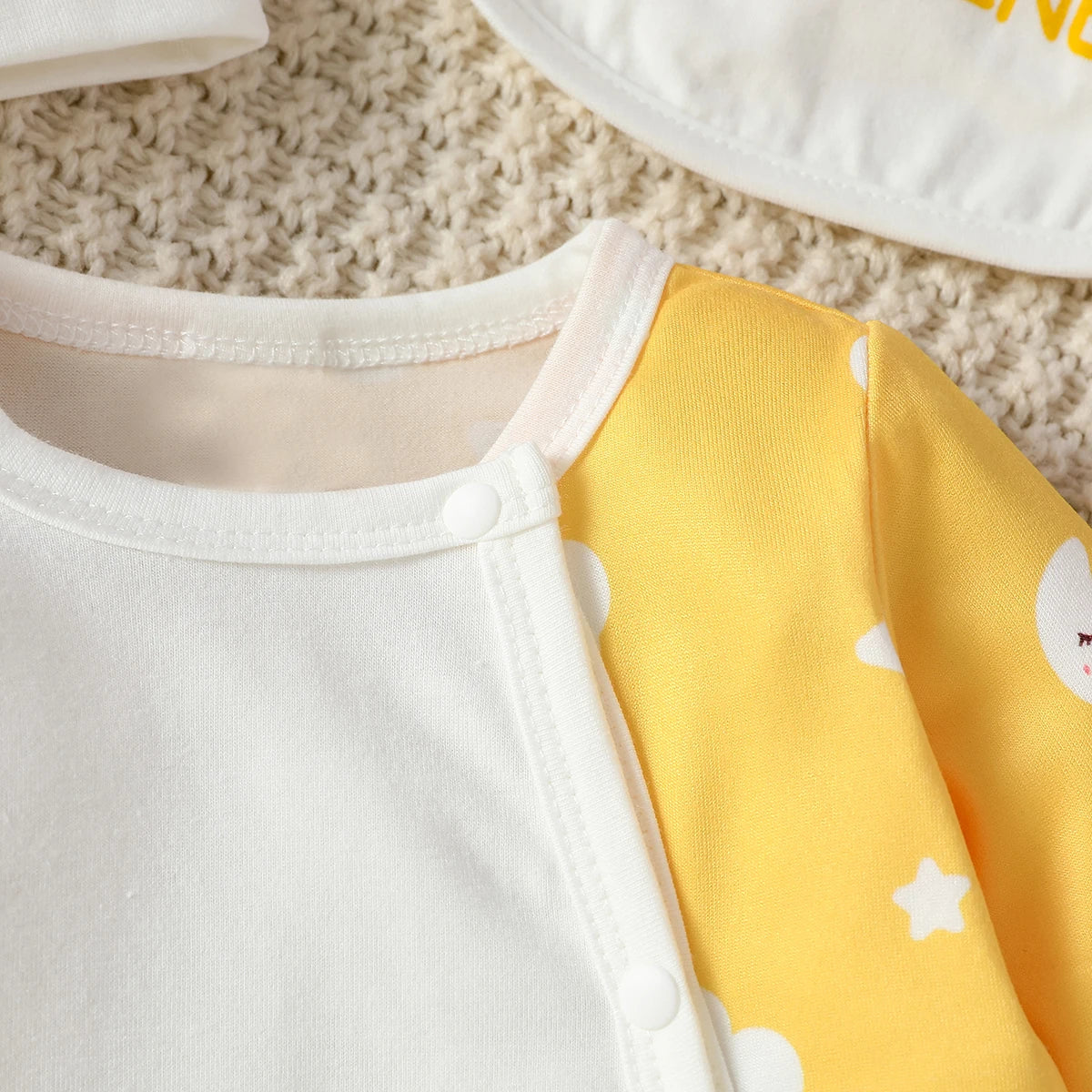 Baby Girls Long Sleeve Jumpsuit+Bib+Gloves+Hat