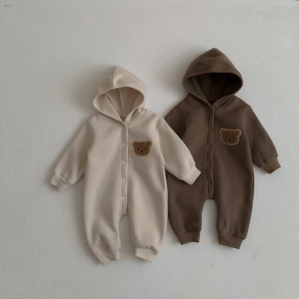 Hooded Baby Jumpsuit with Bear Patch