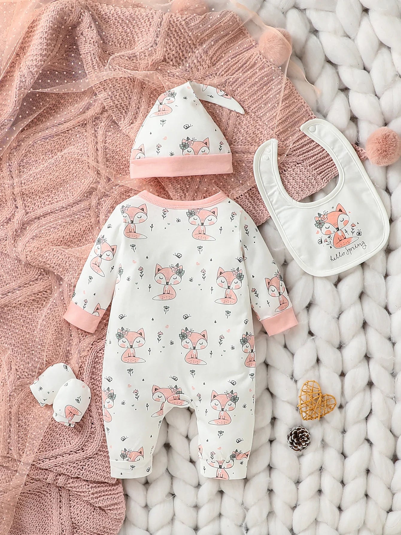 Baby Girls Long Sleeve Jumpsuit+Bib+Gloves+Hat