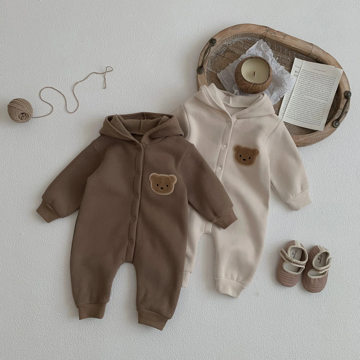 Hooded Baby Jumpsuit with Bear Patch