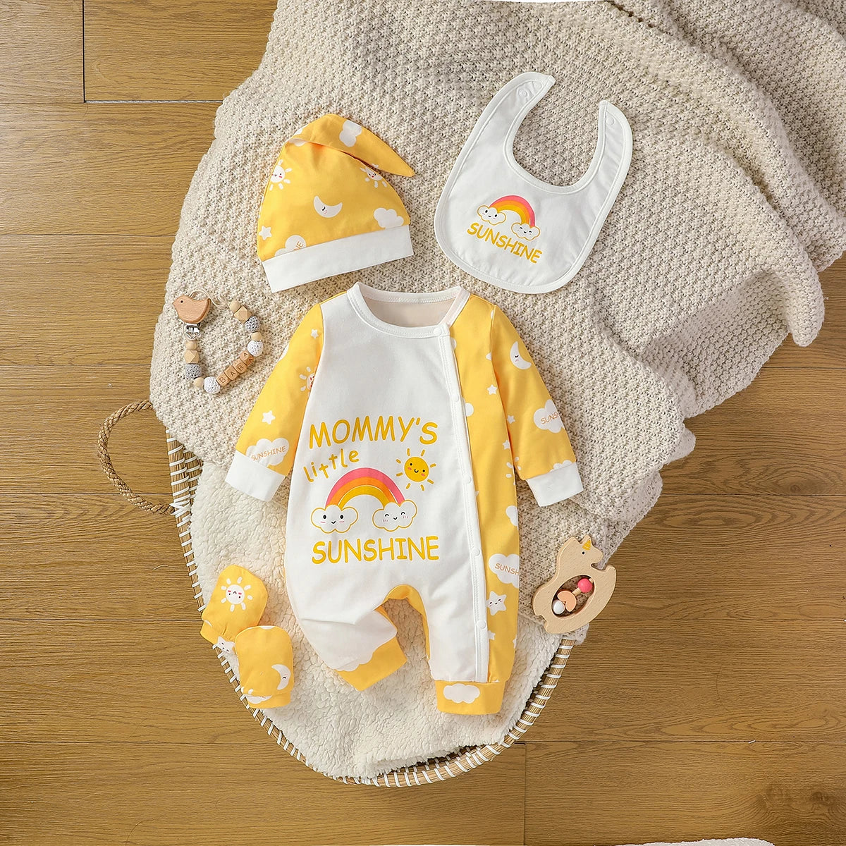 Baby Girls Long Sleeve Jumpsuit+Bib+Gloves+Hat