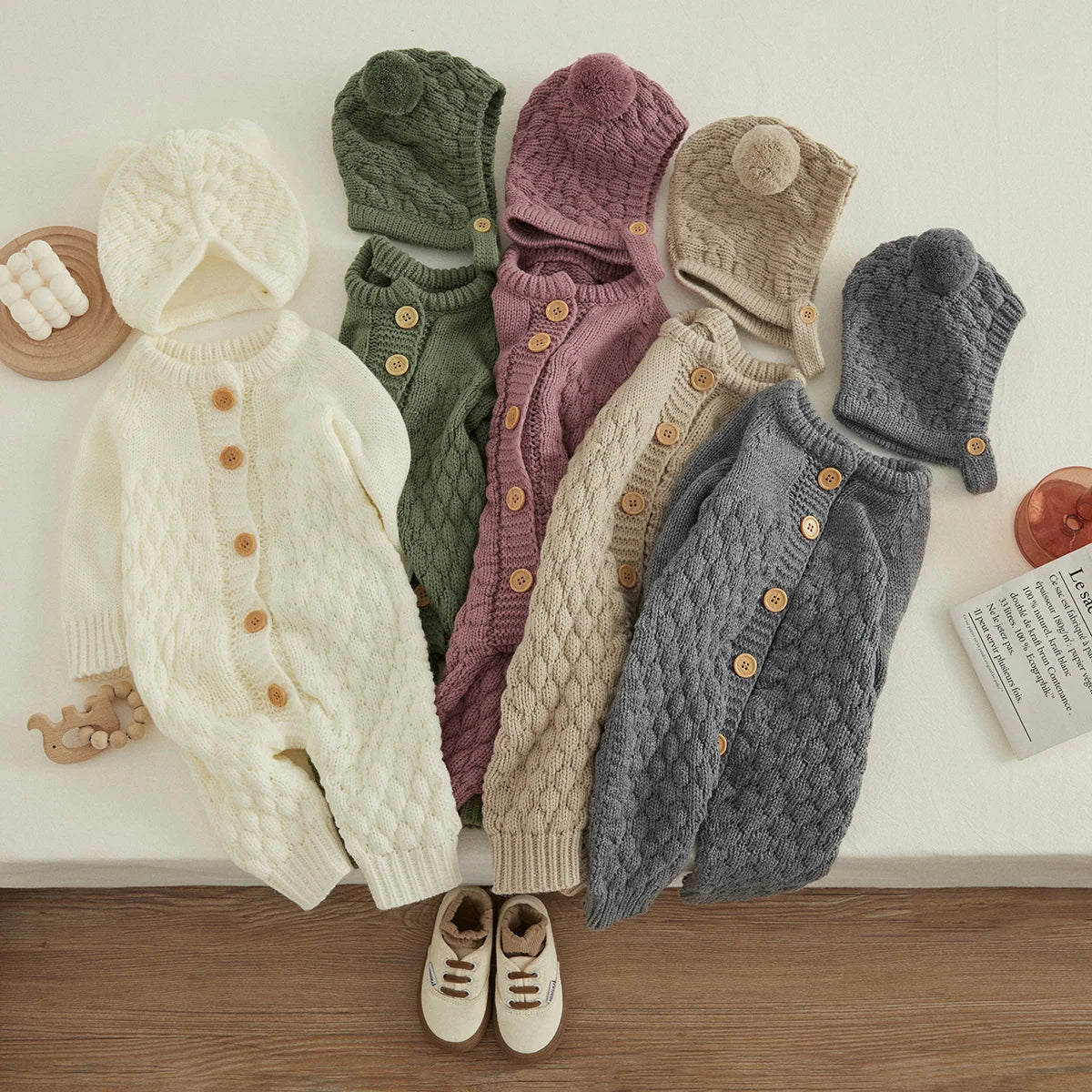 Baby Winter Knitted Romper + Bear Hat 2pcs Set