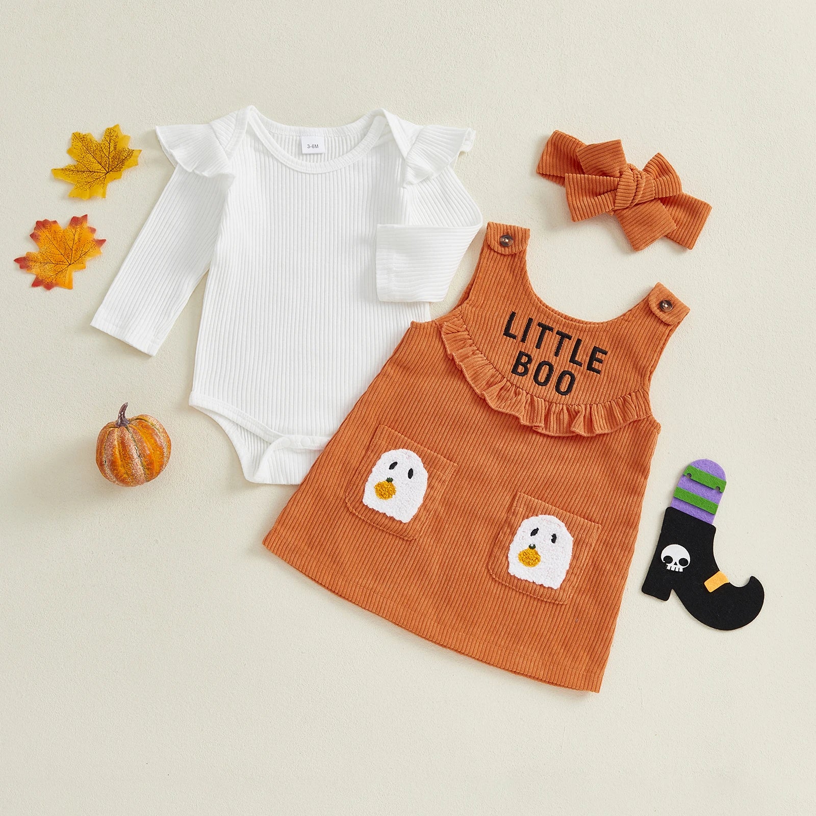 Baby Girl Halloween Long Sleeve Top & Overall Dress 3 Pcs Set
