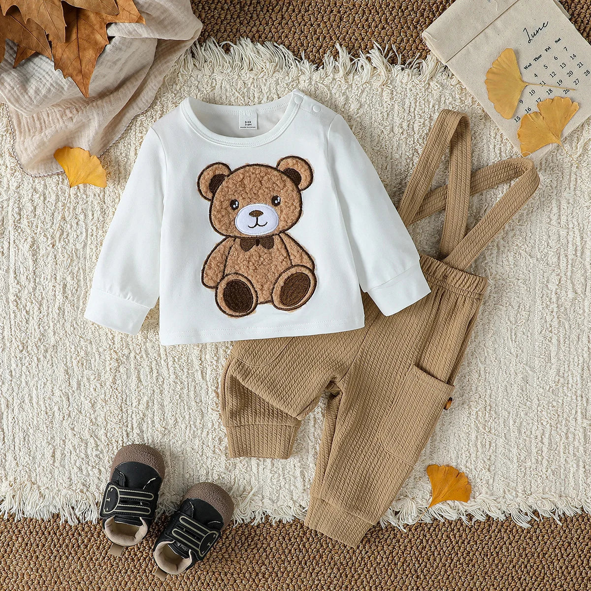 Baby Cute Long Sleeve Top With Bear +Button Jumpsuit