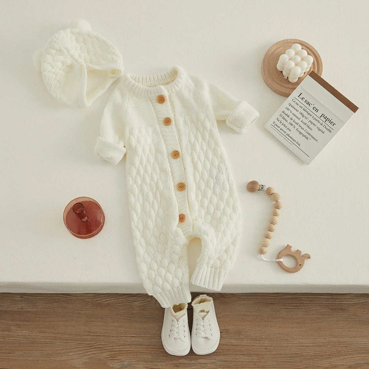 Baby Winter Knitted Romper + Bear Hat 2pcs Set