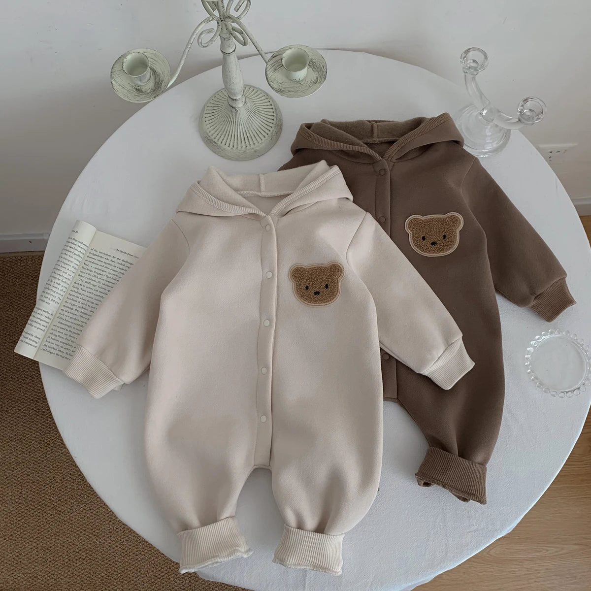 Hooded Baby Jumpsuit with Bear Patch