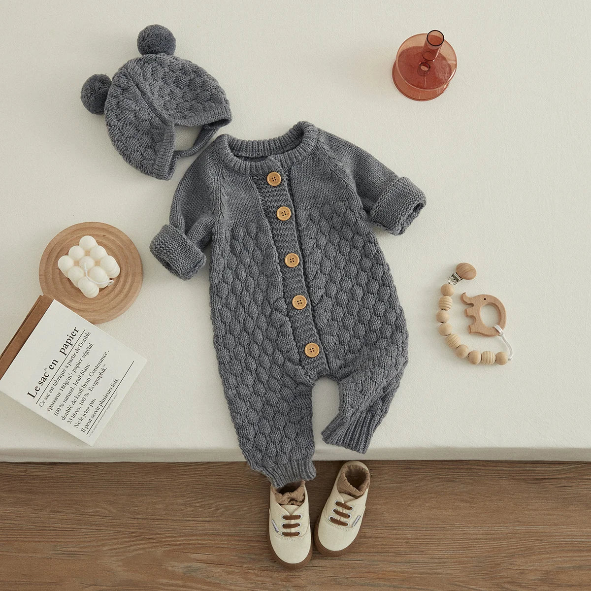 Baby Winter Knitted Romper + Bear Hat 2pcs Set