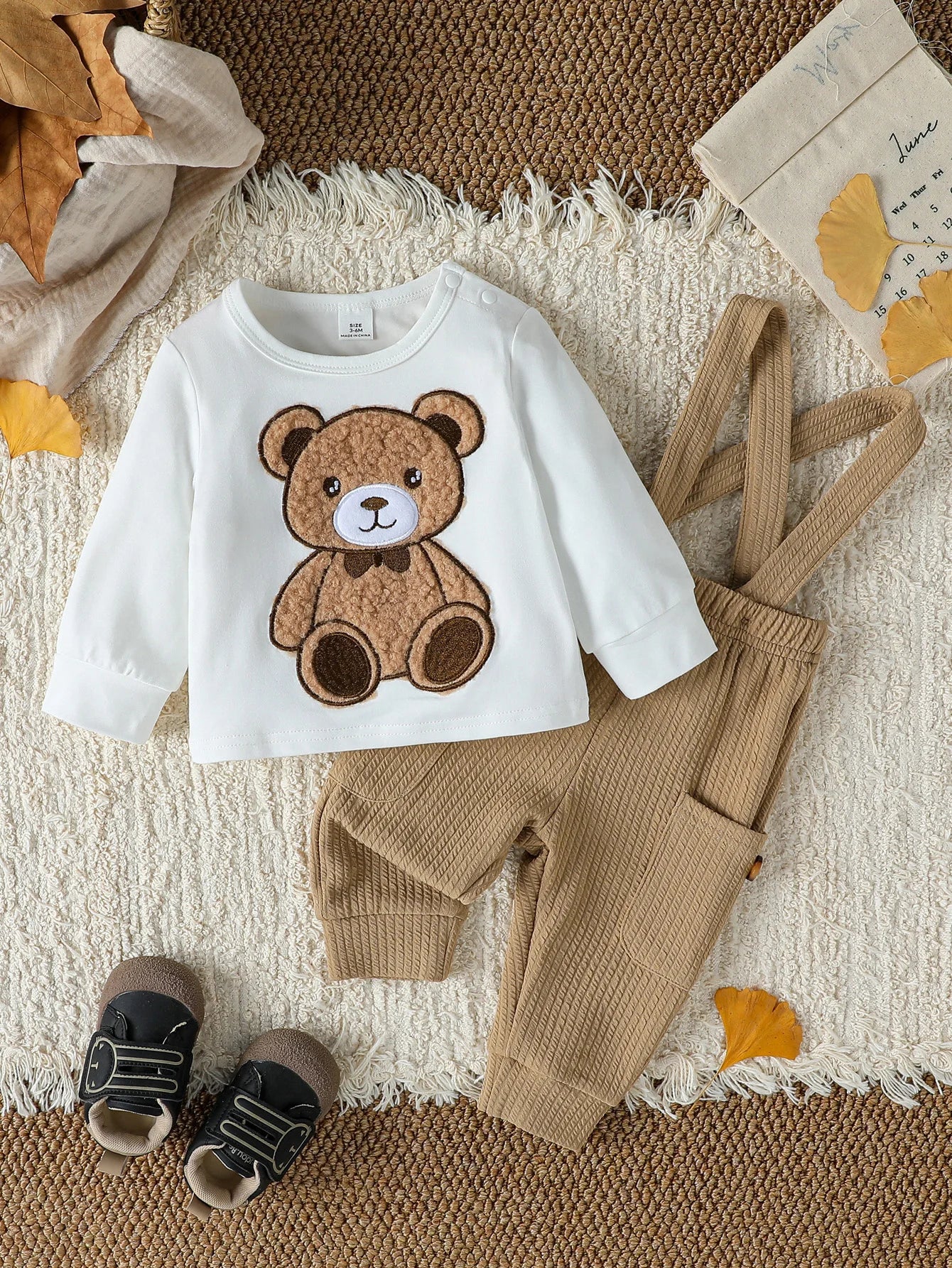 Baby Cute Long Sleeve Top With Bear +Button Jumpsuit