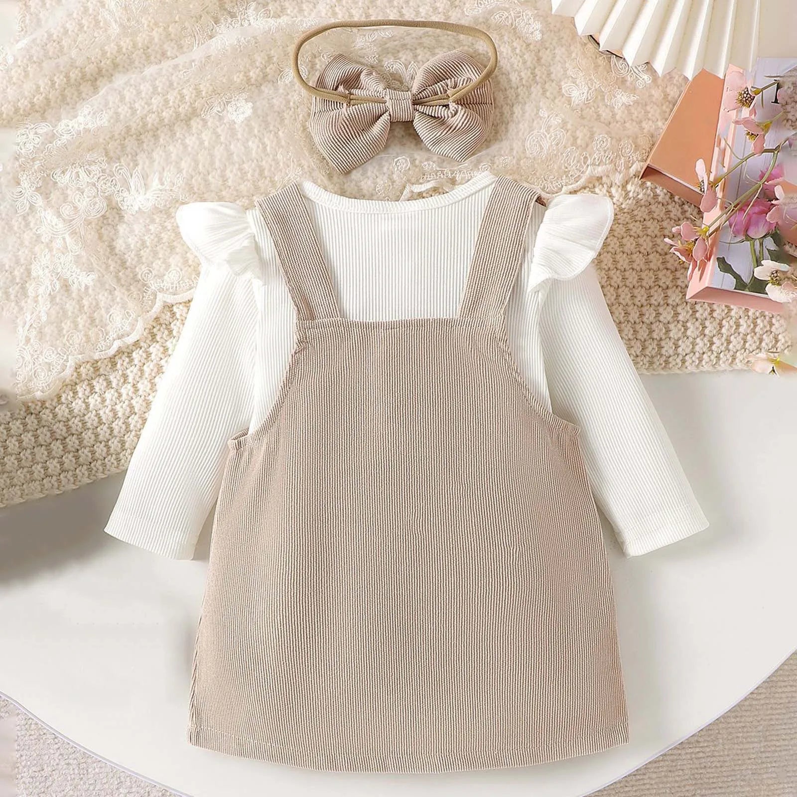 Baby Girl Long Sleeve Top + Bow + Overall Dresses Set