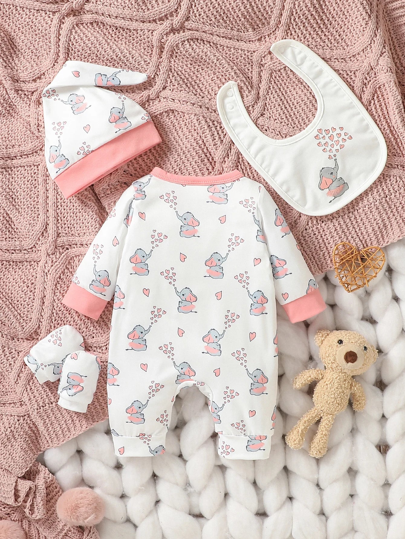 Baby Girls Long Sleeve Jumpsuit+Bib+Gloves+Hat