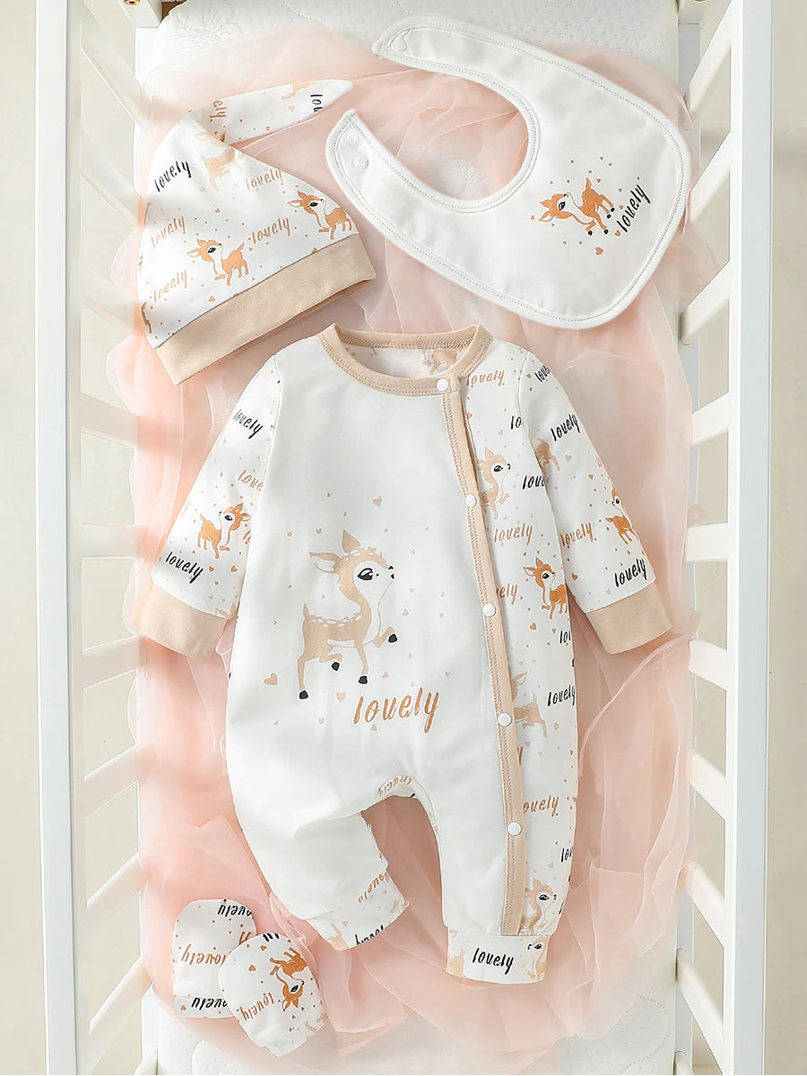 Baby Girls Long Sleeve Jumpsuit+Bib+Gloves+Hat