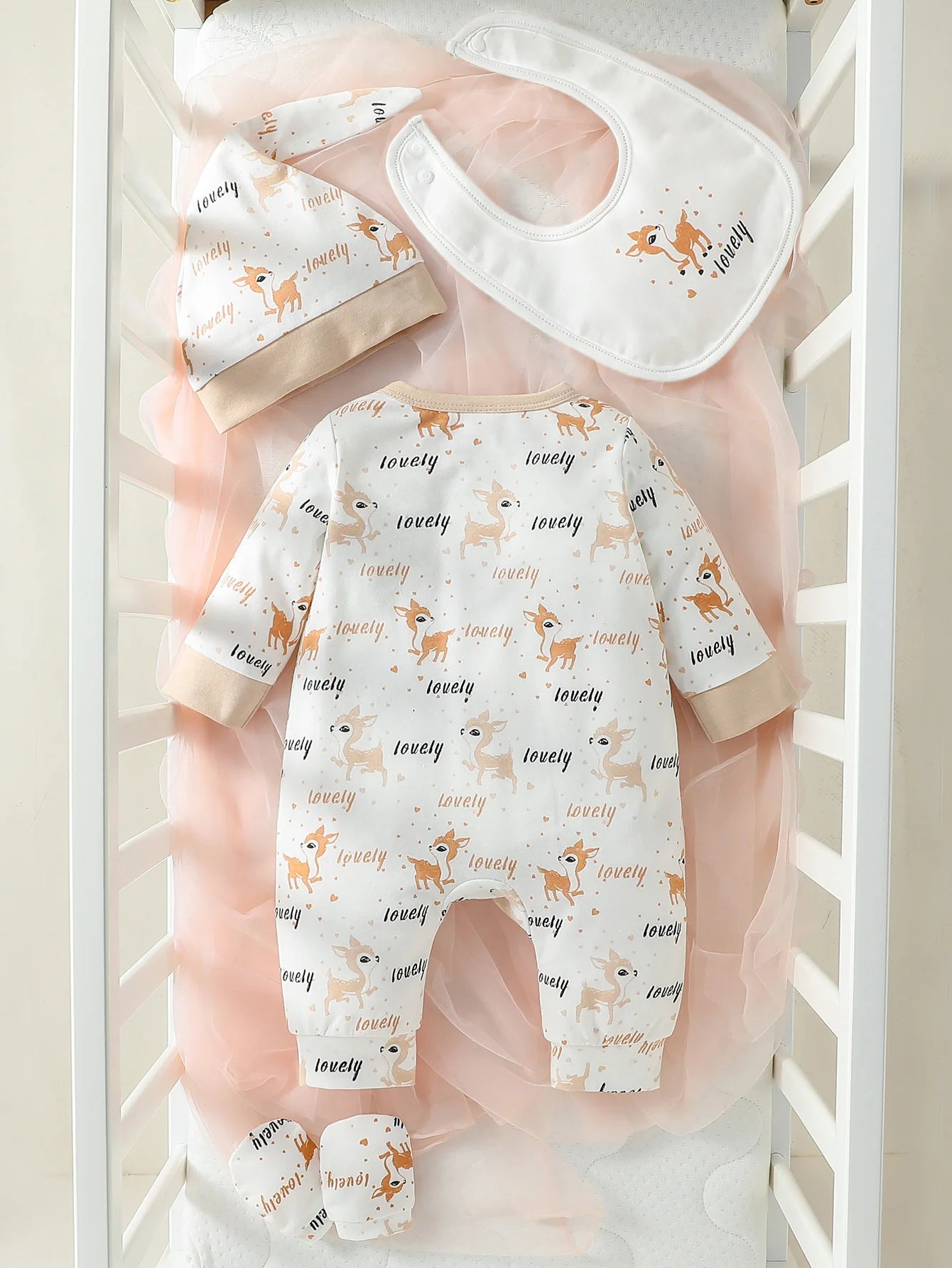 Baby Girls Long Sleeve Jumpsuit+Bib+Gloves+Hat