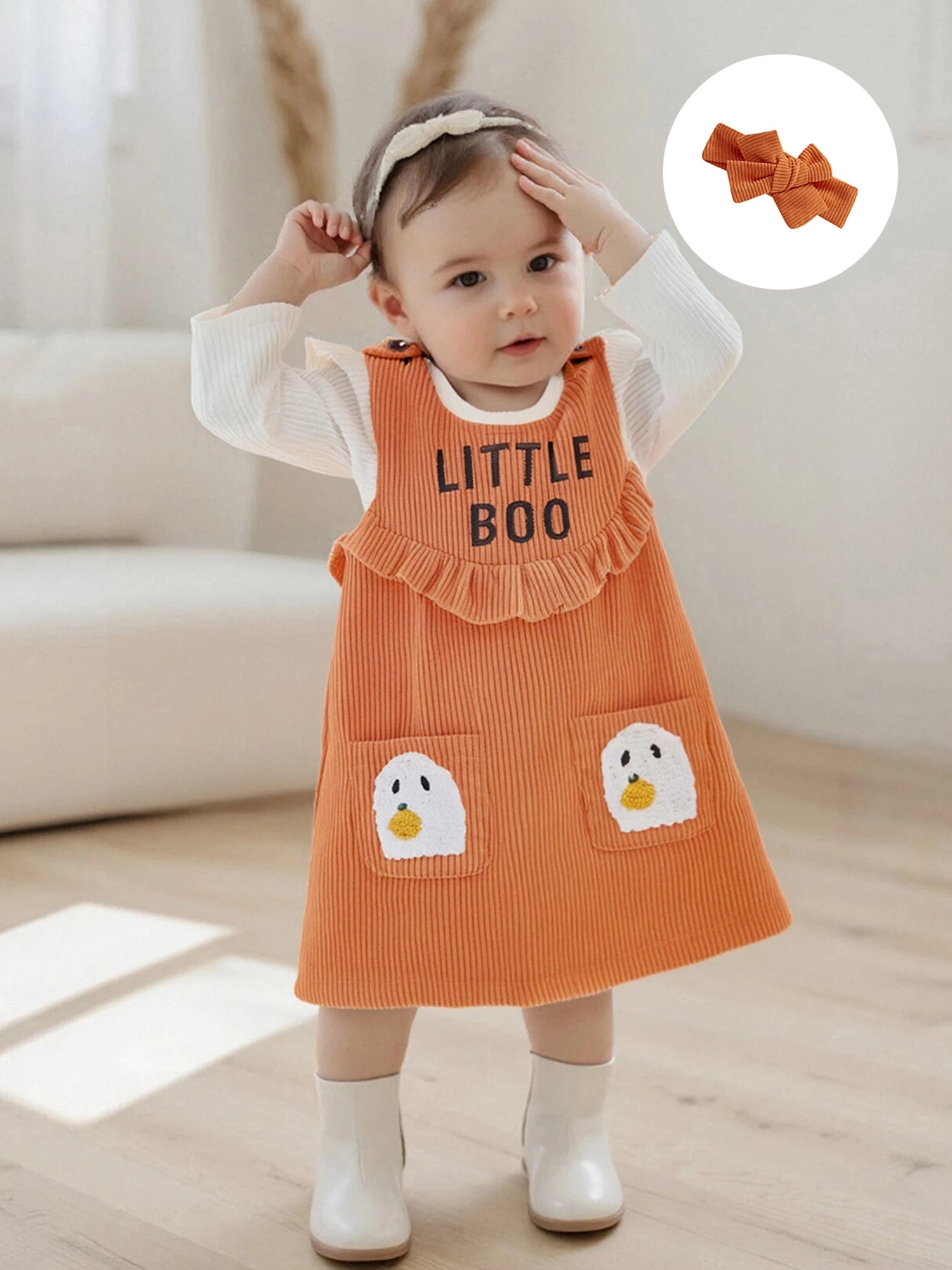 Baby Girl Halloween Long Sleeve Top & Overall Dress 3 Pcs Set