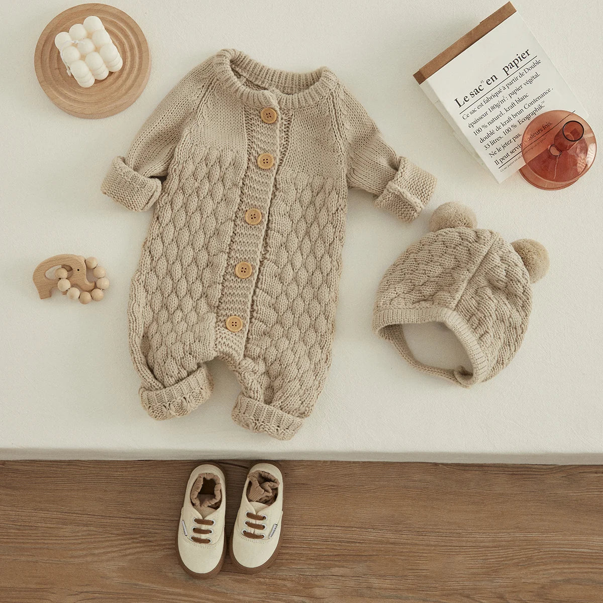 Baby Winter Knitted Romper + Bear Hat 2pcs Set