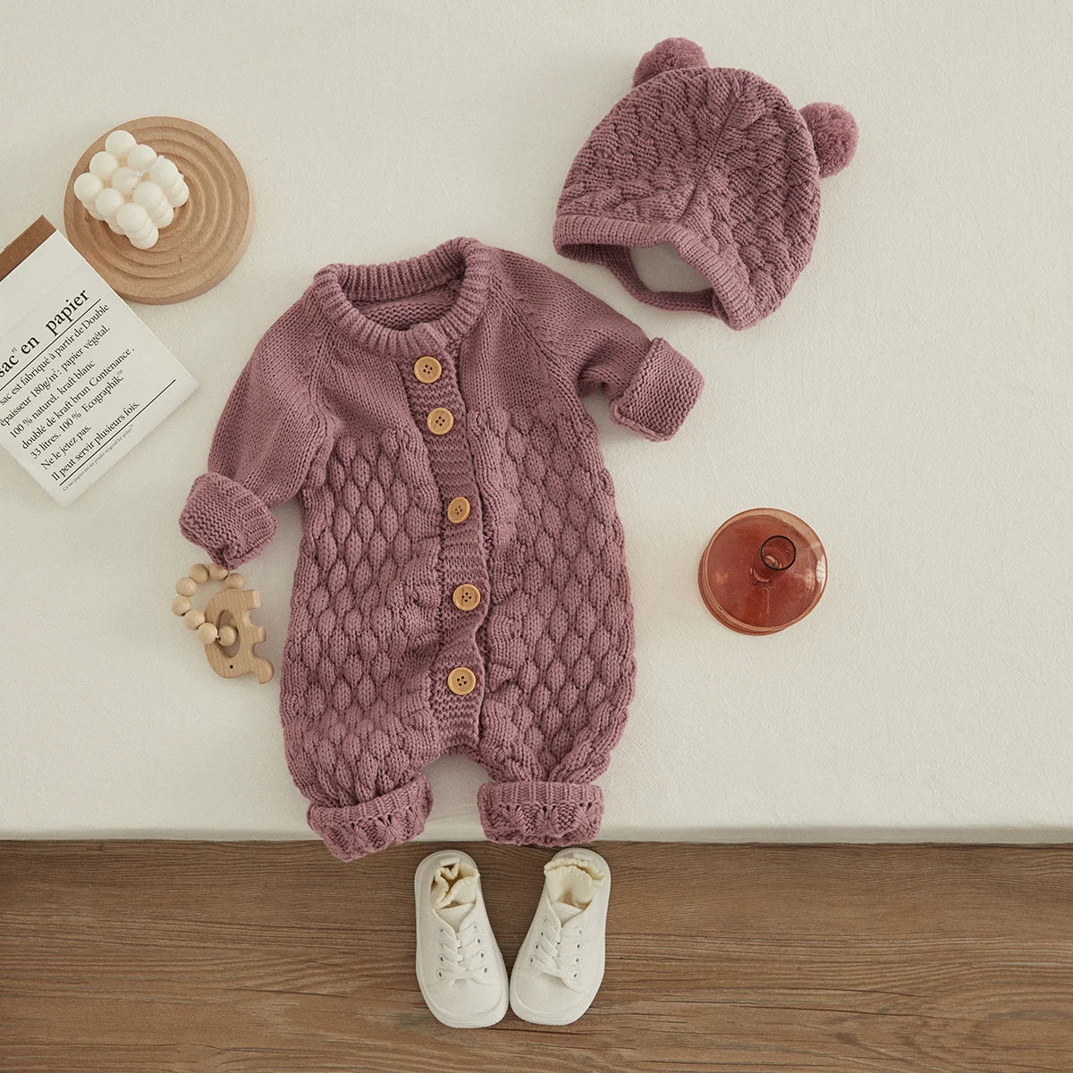 Baby Winter Knitted Romper + Bear Hat 2pcs Set