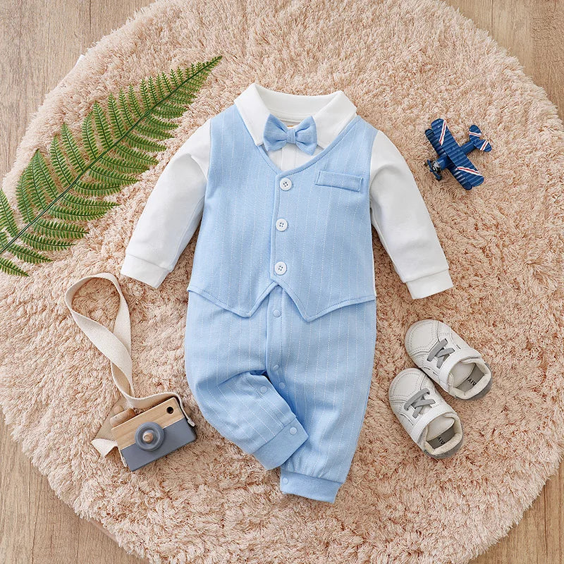 Gentleman Baby Boys Bow Tie Cotton Rompers Blue