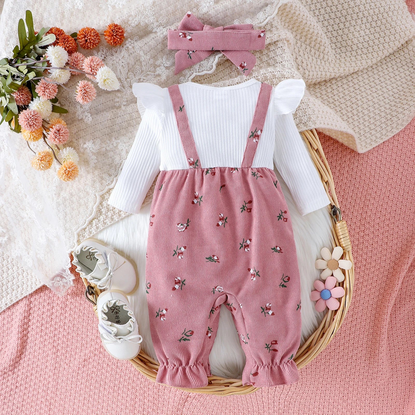 Baby Girls  Floral Print Long Sleeve Romper & Headband