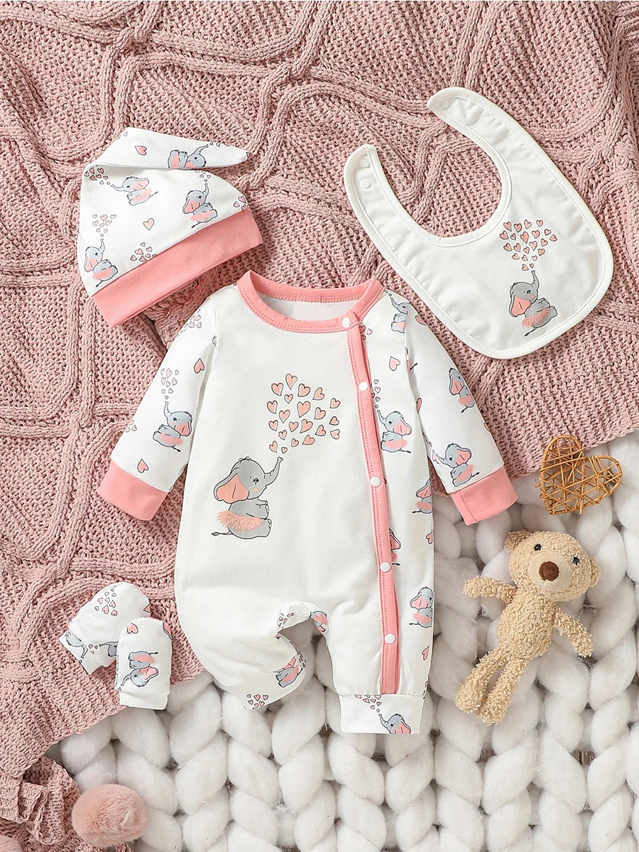 Baby Girls Long Sleeve Jumpsuit+Bib+Gloves+Hat