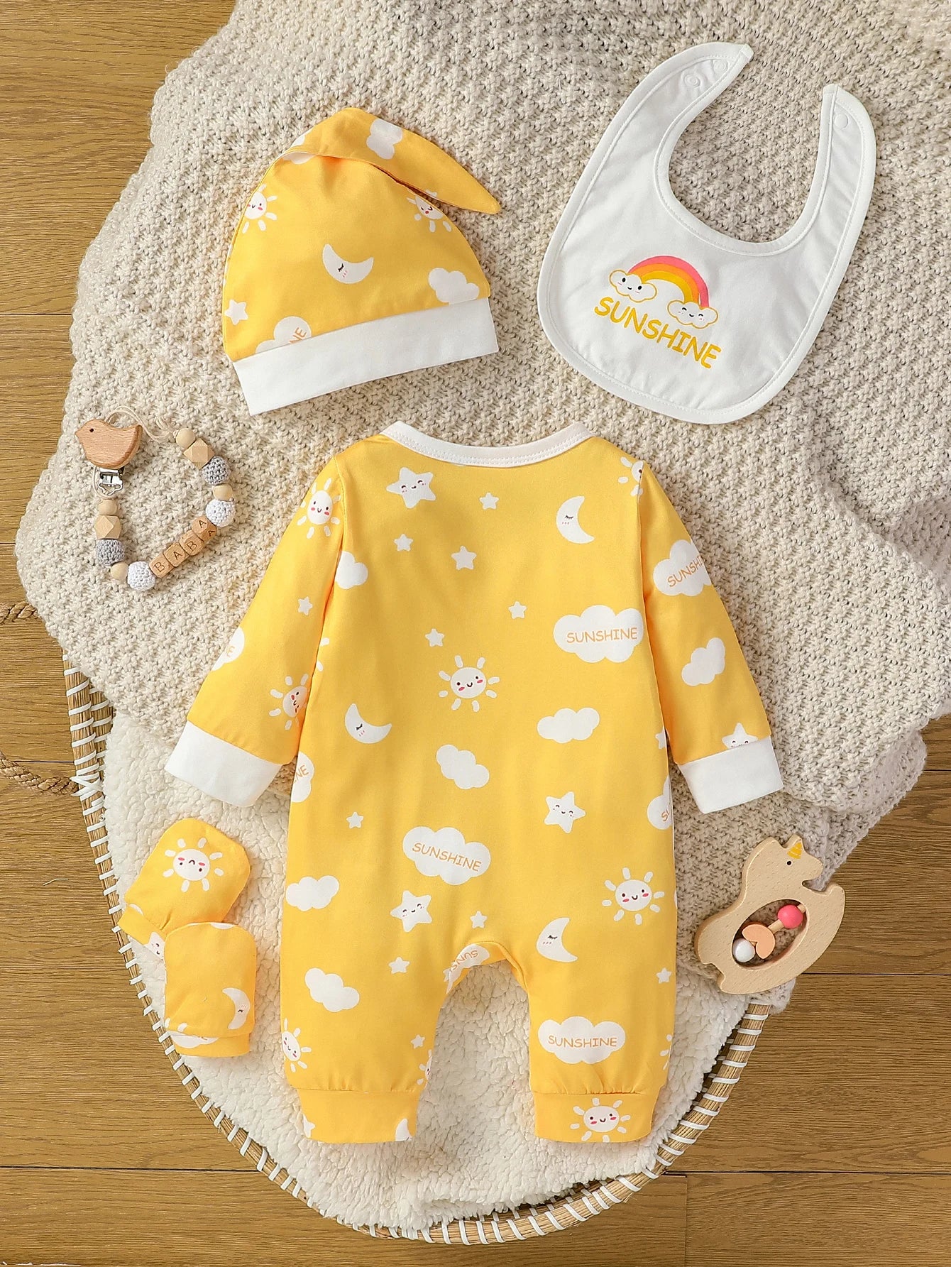 Baby Girls Long Sleeve Jumpsuit+Bib+Gloves+Hat