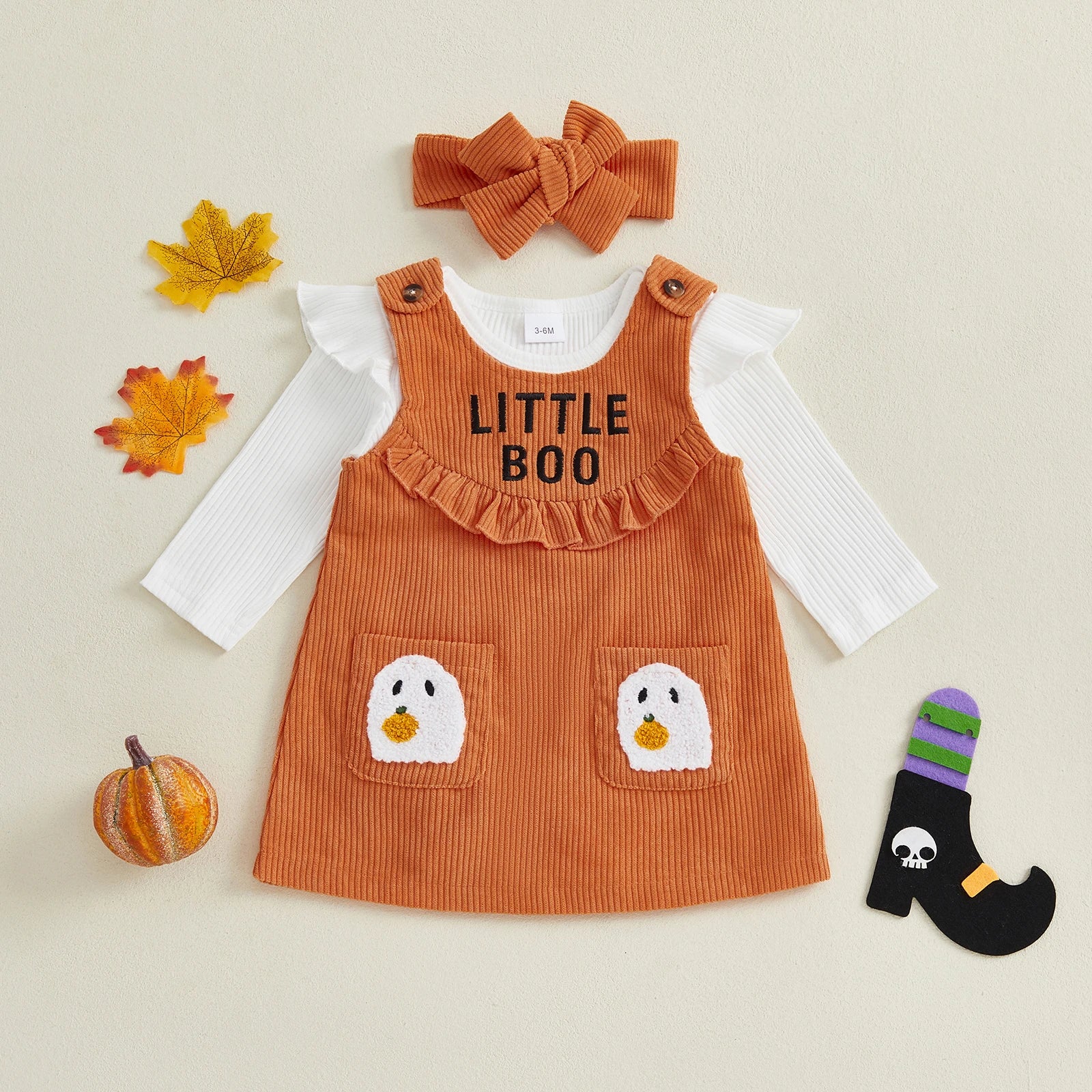 Baby Girl Halloween Long Sleeve Top & Overall Dress 3 Pcs Set