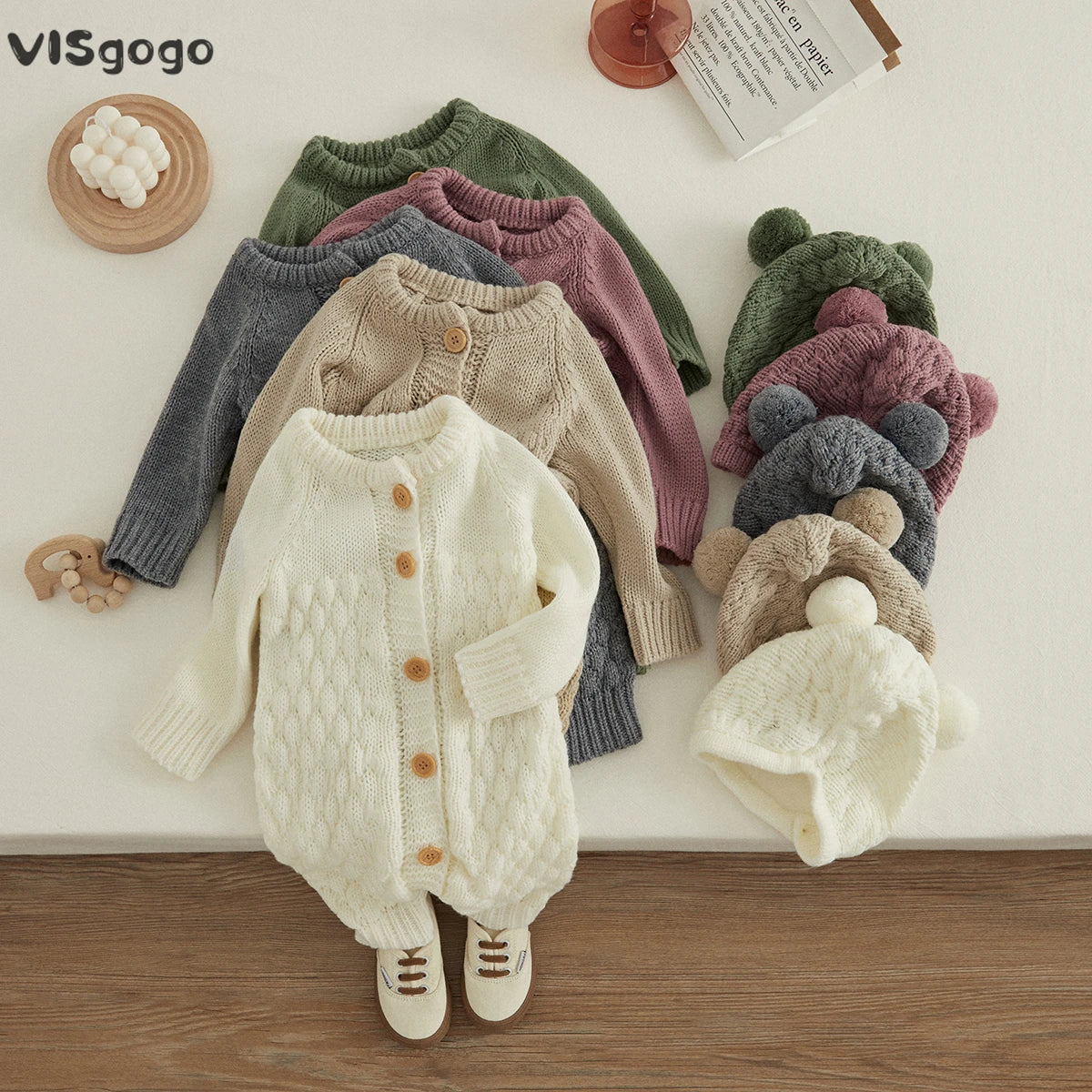 Baby Winter Knitted Romper + Bear Hat 2pcs Set