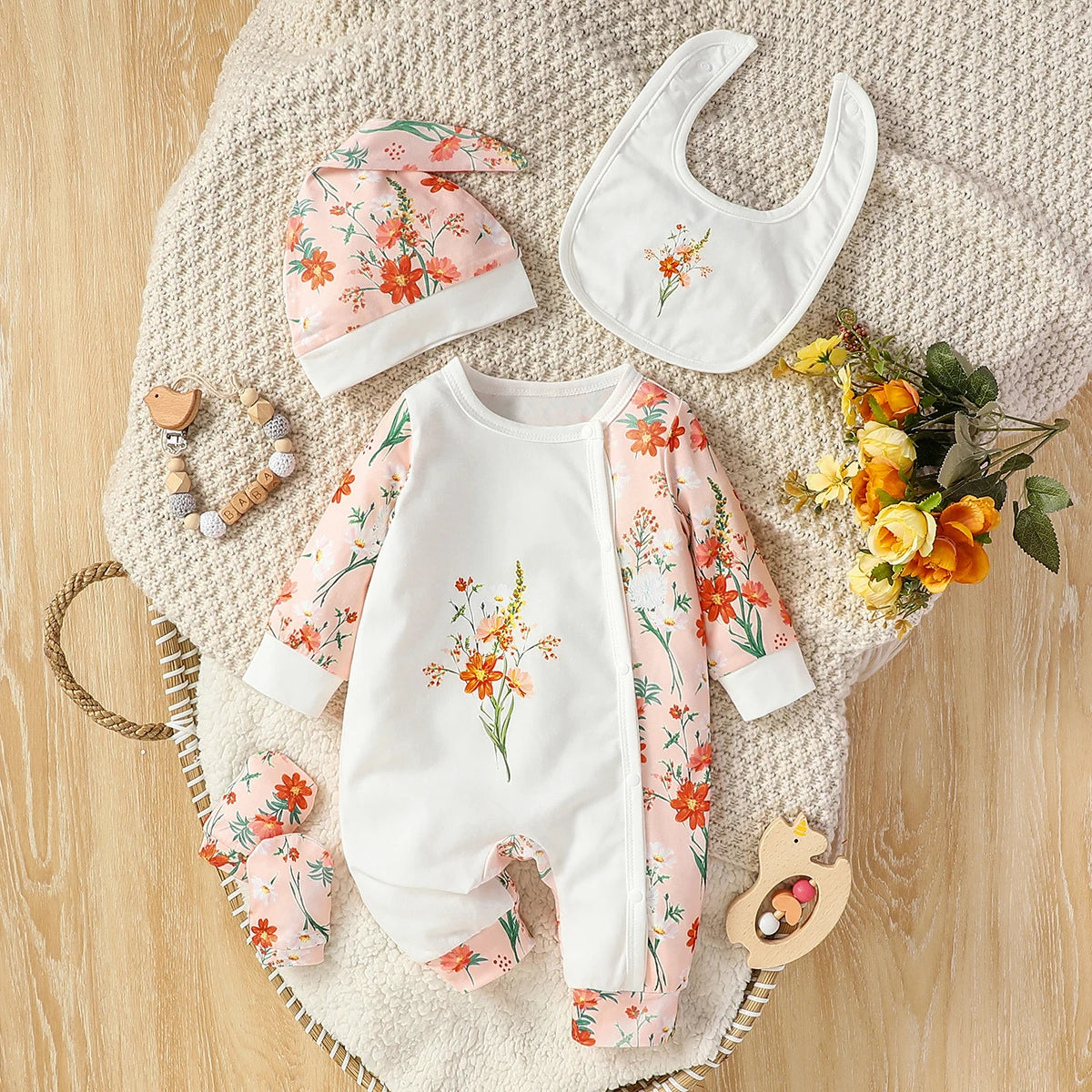 Baby Girls Long Sleeve Jumpsuit+Bib+Gloves+Hat