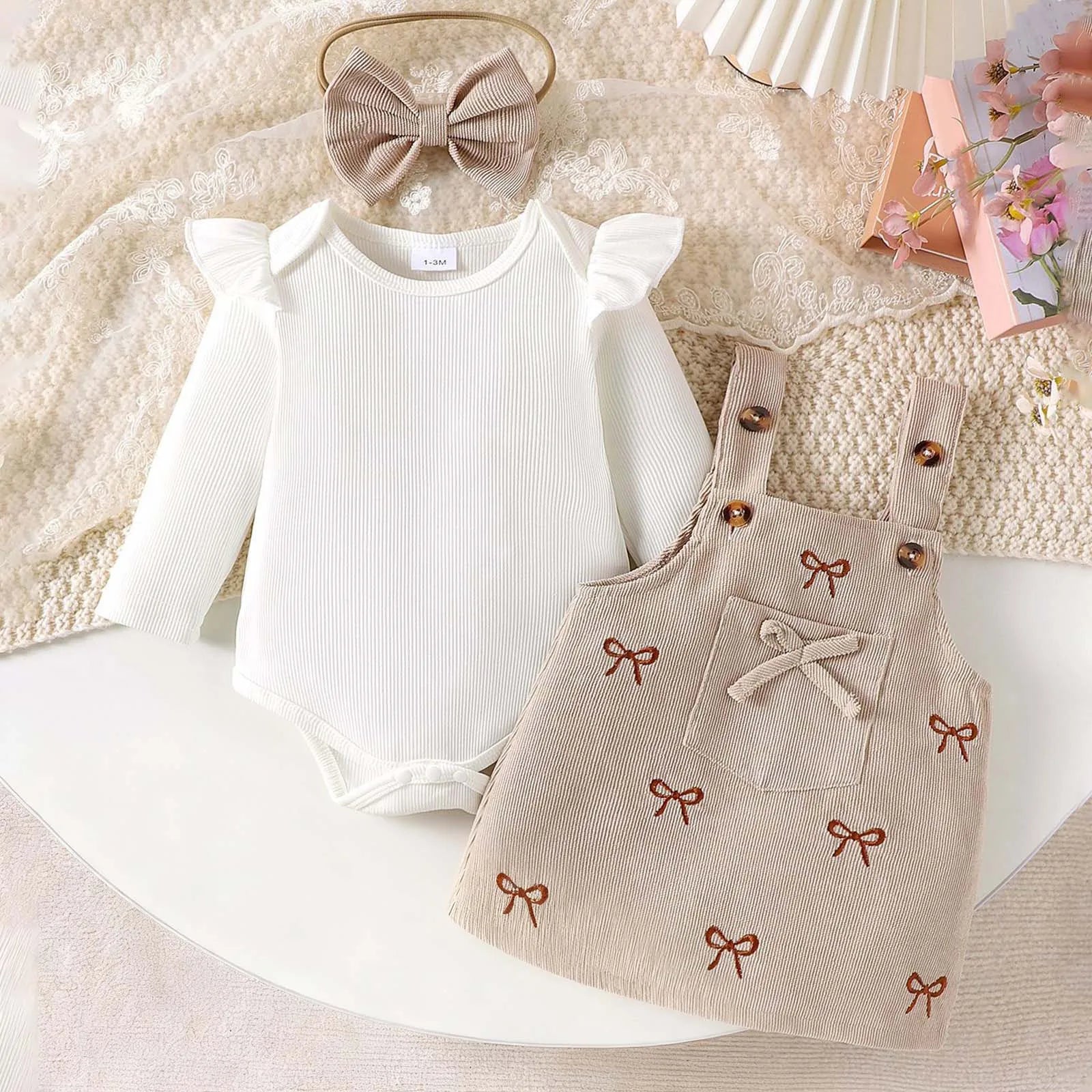 Baby Girl Long Sleeve Top + Bow + Overall Dresses Set